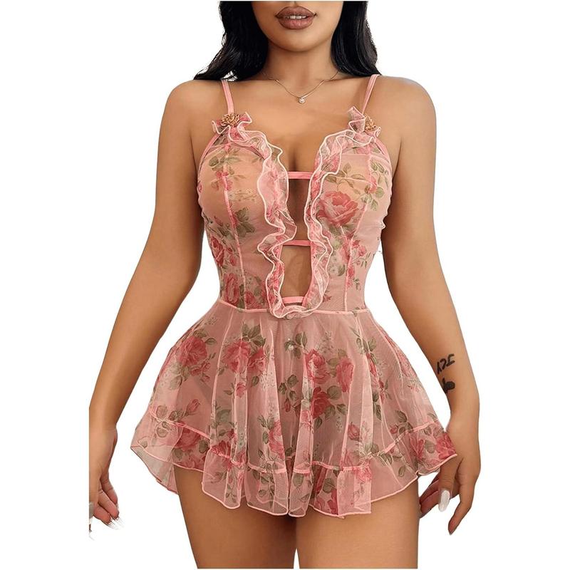 Babydoll Lingerie Floral Mesh Frill Ruffle Babydoll Lingerie Dress Chemise Nightgown Womenswear Nightwear Loungewear Comfort