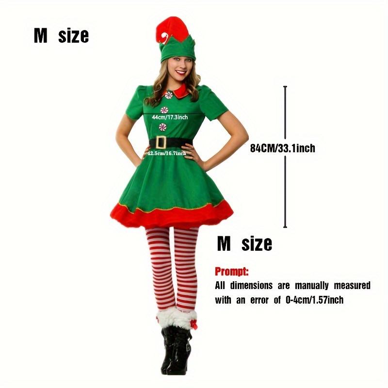 A Set of 4 Pieces Including Women's Christmas Elf Costume-Polyester Elf Dress, Hat, Belt, Striped Long Socks, Suitable for Holiday Parties and Halloween-Universal Adult Novelty Costume, No Feather, No Electricity