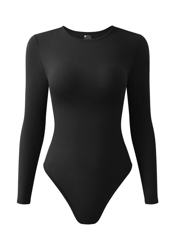 Women's Solid Color Long Sleeve Round Neck Ribbed Shapewear Bodysuit, Casual Comfy Snap Closure Crotch Design Bodysuit for Daily Wear, Ladies Shapewear for All Seasons