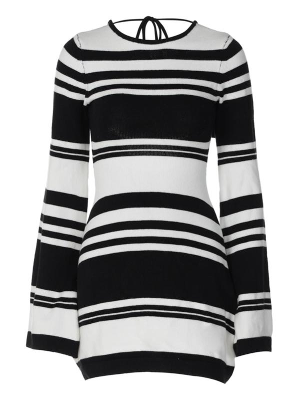 Women's Striped Print Backless Tie Back Sweater Frenchy Style Dress, Summer Dresses 2024, Dresses for Women, Long Sleeve Crew Neck Dress for Spring & Fall, Women's Clothing Fall Sweaters Casual Wear