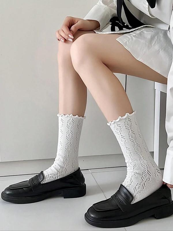 Women's Solid Lettuce Trim Crew Socks, Casual Comfy Breathable Mid-calf Socks for Daily Wear, Women's Socks for All Seasons