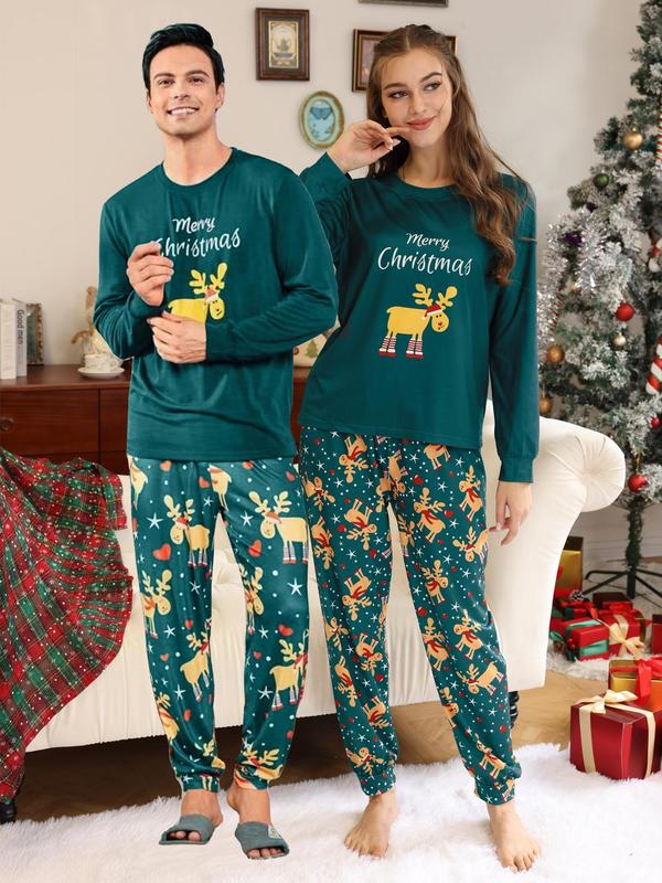 Couple Christmas Print Long Sleeve Sleep Tee & Jogger Pants Pajama Two-Piece Set, Casual Comfy Round Neck Top & Elastic Waist Trousers Matching Pajamas Pj Set, Christmas Pajamas, Couple's Sleepwear & Loungewear