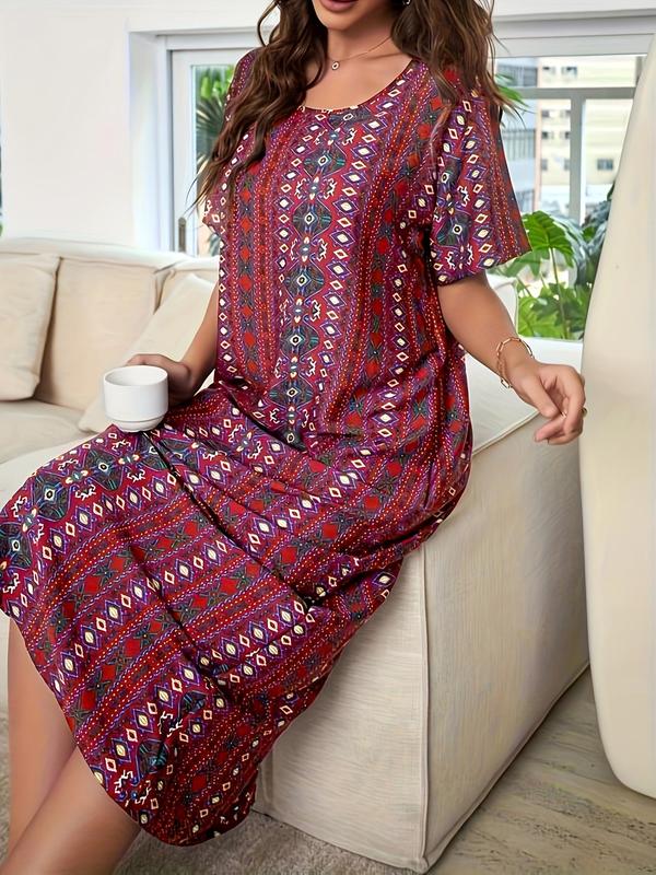 Women's Ethnic Pattern Round Neck Nightdress, Casual Comfy Short Sleeve Nightgown, Women Loungewear for Summer Daily Home Wear