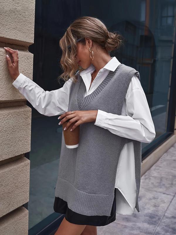 Women's Plain Split Hem V Neck Sweater Vest, Casual Sleeveless Jumper Vest for Spring & Fall, Fashion Women's Knitwear for Daily Wear