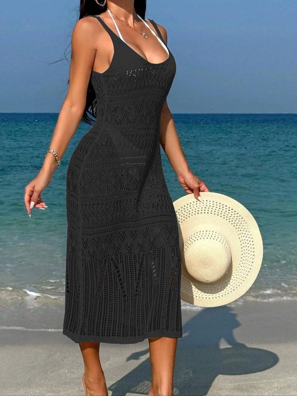 Women's Plain Backless Hollow Out Cover Up Dress, Casual Scoop Neck Long Dress for Summer Beach Holiday, Ladies Clothes