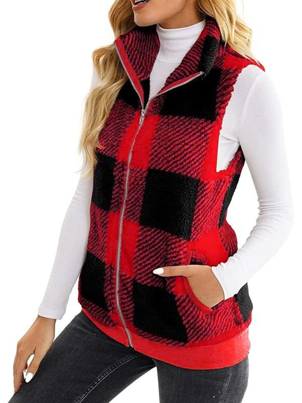 Women's Plaid Print Zip Up Funnel Neck Vest Jacket, Casual Pocket Design Sleeveless Outerwear for Fall & Winter, Women's Clothes for Daily Wear