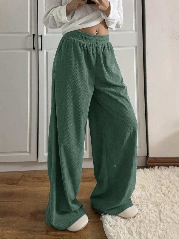 Women's Solid Pocket Wide Leg Corduroy Pants, Casual Comfy Trousers for Daily Wear, Ladies Bottoms for Fall & Winter