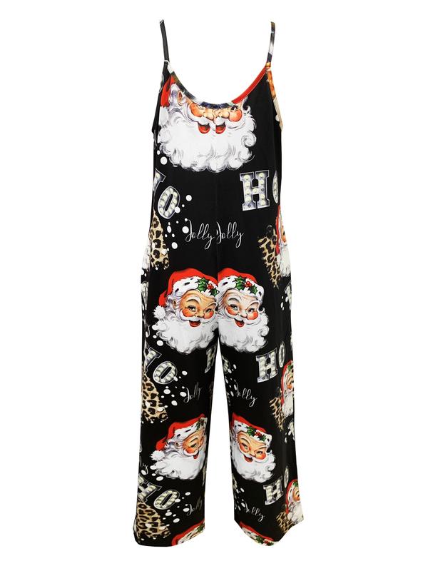 Festive Santa & Letter Print Wide Leg Jumpsuit - Casual Sleeveless V Neck Design, Comfortable Fabric, Relaxed Fit, Women's Holiday Clothing for Christmas Party