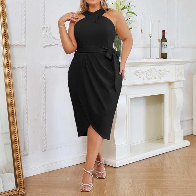 Hanna Nikole Plus Size Dresses for Curvy Women Halterneck Sleeveless Wrap Front Ruched Bodycon Dress Party Dress