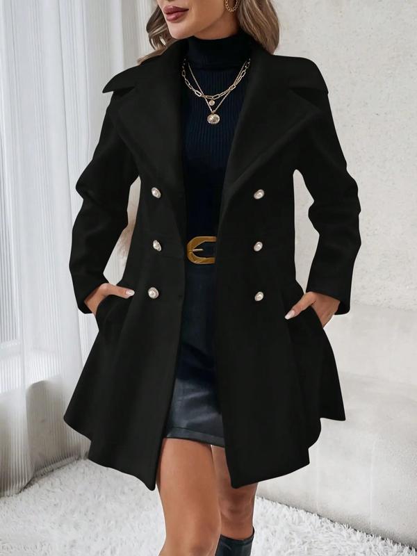 Women's Solid Double Button Lapel Trench Coat, Elegant Long Sleeve Pocket Coat for Daily Outdoor Wear, Ladies Clothes for All Seasons