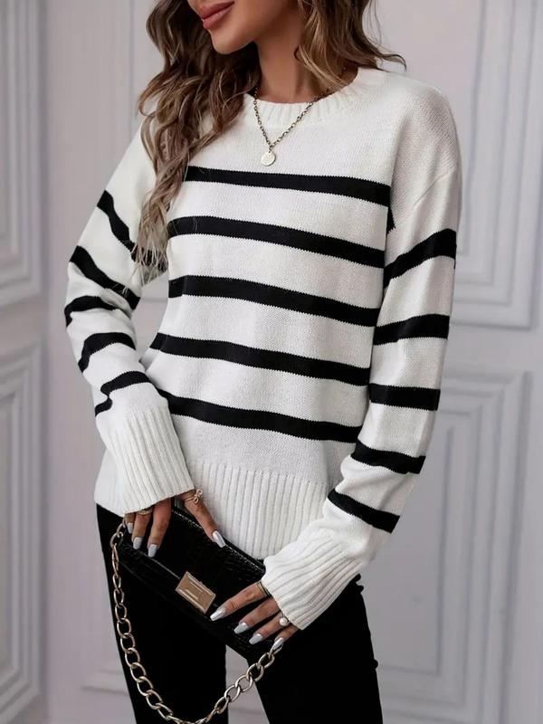 Women's Colorblock Striped Print Drop Shoulder Sweater Pullover, Casual Long Sleeve Round Neck Jumper for Fall & Winter, Fashion Ladies' Knitwear for Daily Wear