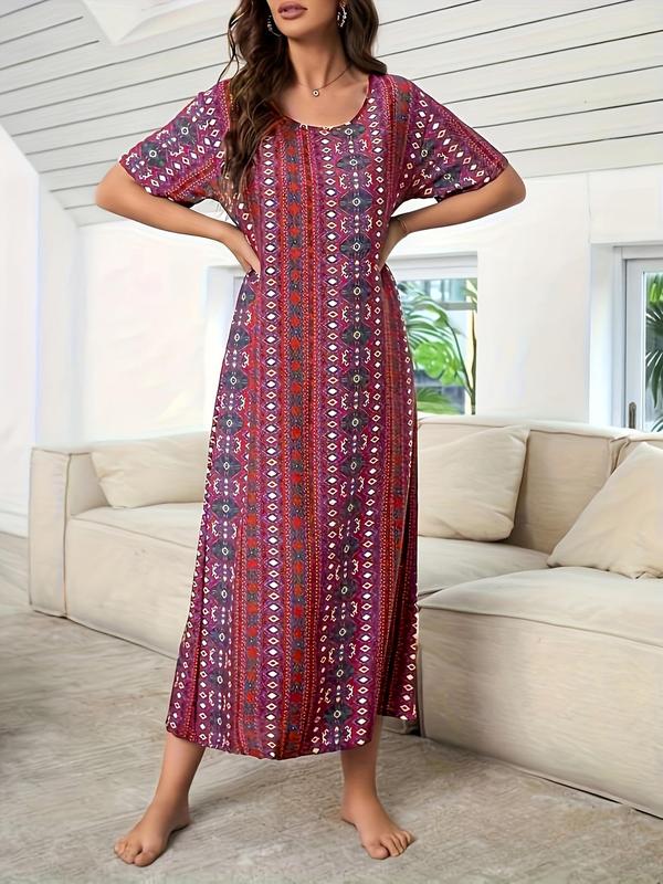 Women's Ethnic Pattern Round Neck Nightdress, Casual Comfy Short Sleeve Nightgown, Women Loungewear for Summer Daily Home Wear