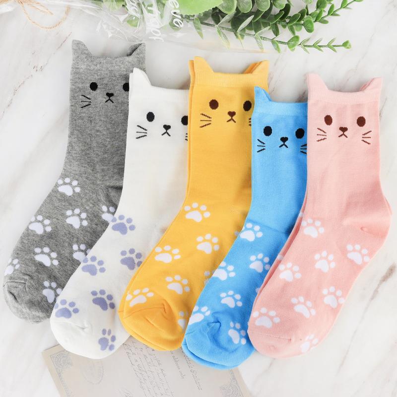 5 Pairs Women's Cat Socks Cat Gifts for Cat Lovers Cat Mom Gifts Cat Gifts for Women Teenage Girls Fabric Womenswear