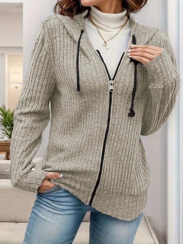 Plus Size Solid Zip Up Hooded Jacket, Casual Long Sleeve Hooded Outerwear for Daily Wear, Women's Plus Clothing for All Seasons