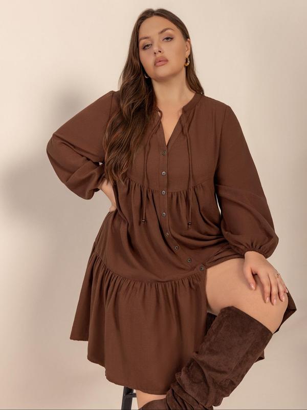  Solid Color Button Front Ruffle Hem Tie Neck Dress, Casual Fashion Bishop Sleeve Dress for Daily Outdoor Wear, Women Clothing for Fall & Winter Long Sleeve