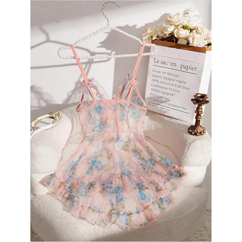 Babydoll Lingerie Floral Mesh Frill Ruffle Babydoll Lingerie Dress Chemise Nightgown Womenswear Nightwear Loungewear Comfort