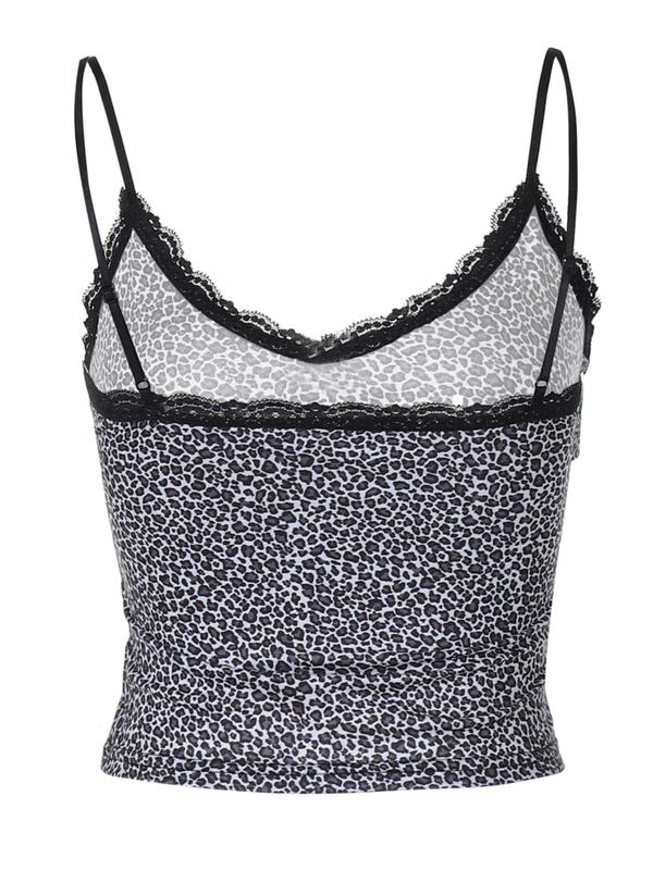 Women's Leopard Print Lace Trim Crop Cami Top, Casual Sleeveless V Neck Top for Summer, Women's Clothing for Daily Wear