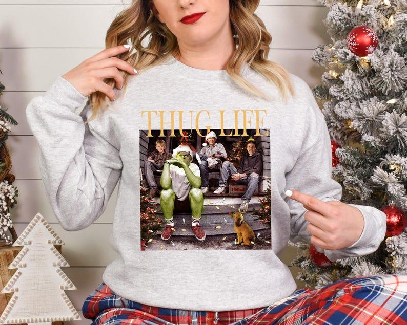 Thug Life Christmas Movie Shirt, Christmas Friends Sweatshirt, Thug Life Christmas Movie Sweater Gifts  Cotton Fabric Cotton Fabric