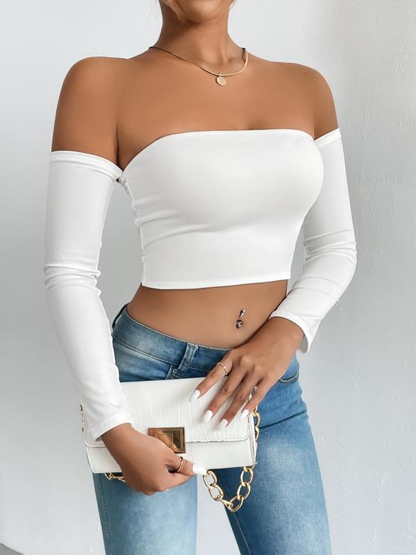 Women's Solid Off Shoulder Long Sleeve Crop Tee, Going Out Tops, Summer Clothes, Casual Tight Top for Spring & Fall, Clubbing Outfits, Lady Clothes for Daily Wear Downtown Girl Clothes