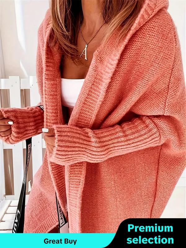 Women's Solid Color Batwing Sleeve Hooded Cardigan, Casual Long Sleeve Open Front Knitwear for Daily Wear, Cardigan for Women, Ladies Clothes for All Seasons