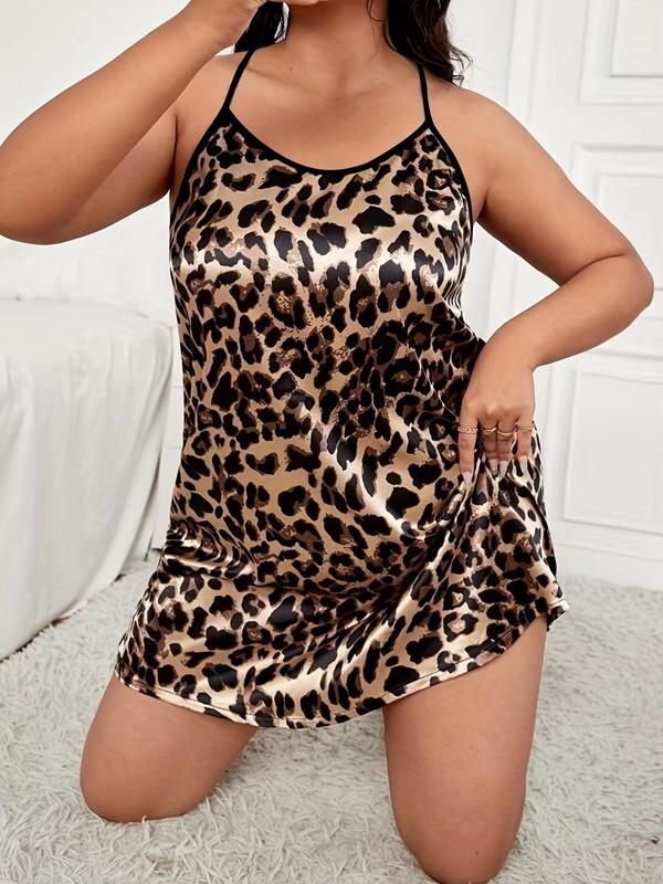 Plus Size Clothing Leopard Print Backless Cami Nightdress, Women's Plus Size Silk Satin Nightgown, Casual Comfy Spaghetti Strap Sleeveless PJ Dress for All Seasons