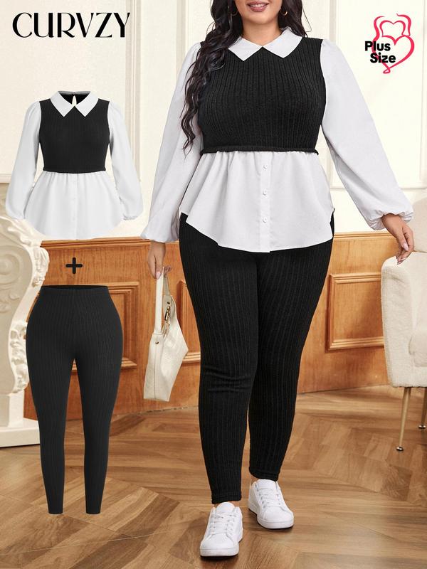 CURVZY Plus Size Two-Piece Set 2 in 1 Colorblock Button Front Top & Solid Skinny Pants Set, Casual BIshop Sleeve Collared Top & Trousers, Women's Fall & Winter Clothes