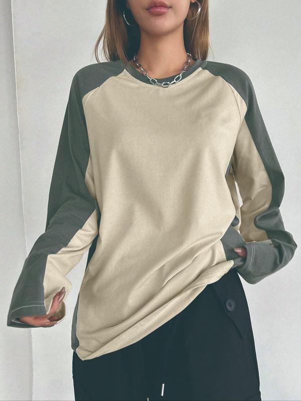 Women's Colorblock Raglan Sleeve Tee, Casual Long Sleeve Round Neck T-shirt for Summer, Ladies Clothes for Daily Wear, Downtown Girl Clothes