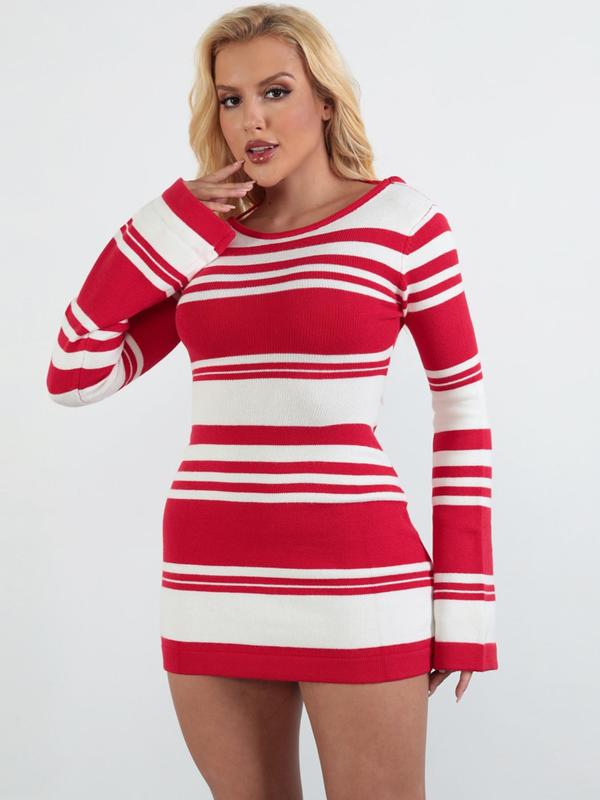 Women's Striped Print Backless Tie Back Sweater Frenchy Style Dress, Summer Dresses 2024, Dresses for Women, Long Sleeve Crew Neck Dress for Spring & Fall, Women's Clothing Fall Sweaters Casual Wear