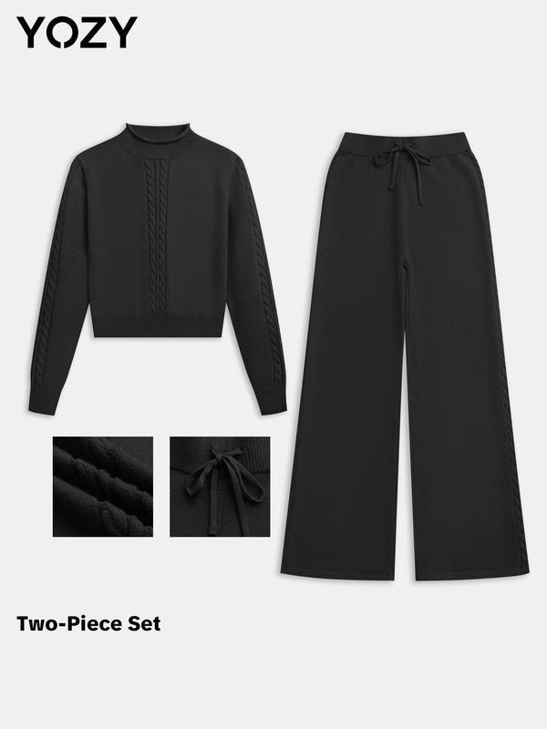 YOZY Women's Solid Color Twist Textured Sweater & Drawstring Waist Pants Two-piece Set, Casual Long Sleeve High Neck Top & Trousers Two Piece Set for Fall & Winter, Women's Clothes for Daily Wear