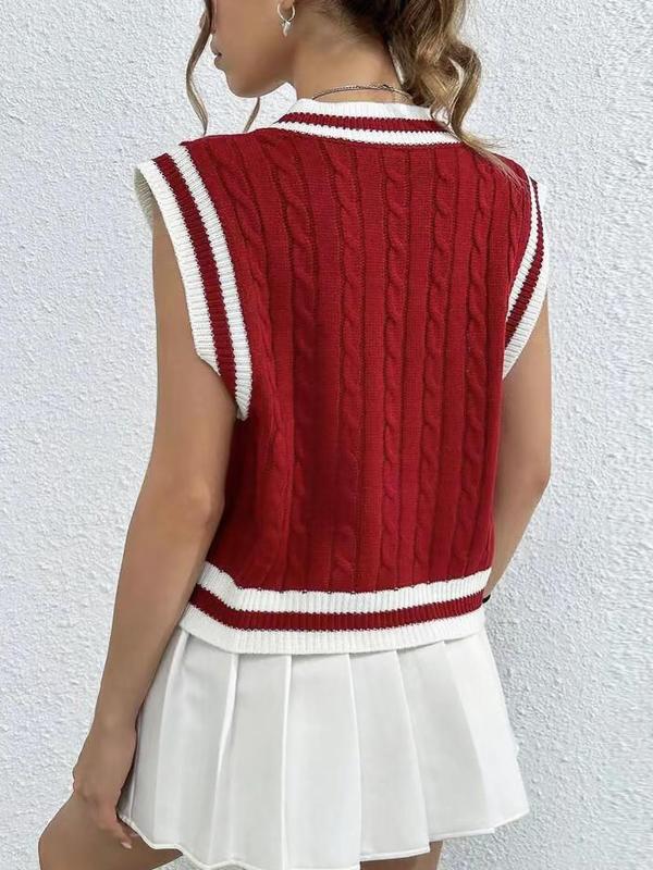 Women's Letter Print Contrast Binding Sweater Vest Without Shirt, Preppy Style V Neck Sleeveless Knitwear For Spring & Fall, Fashion Cozy Women's Knit Clothing For Daily Wear