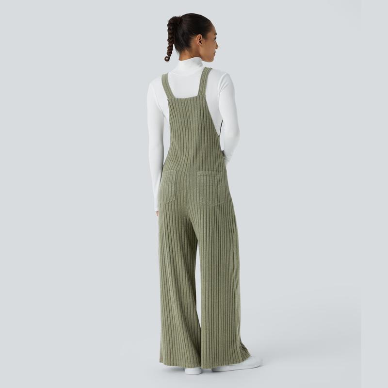 Halara Ribbed Knit Adjustable Strap Button Multiple Pockets Casual Overalls