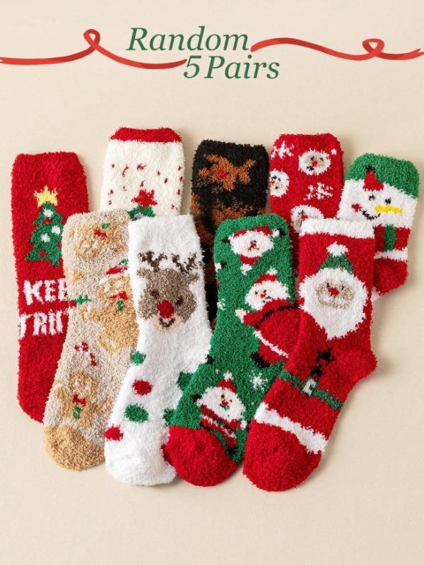 5 Pairs Random Christmas Thicken Warm Coral Fleece Fuzzy Crew Socks For Women, Gingerbread Man-Reindeer-Snowman-Santa Claus-Christmas Tree Patterns