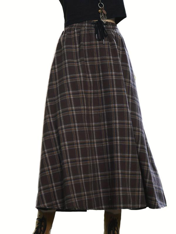 Women's Plaid Print Drawstring Waist Flared Skirt, Casual Fashion Elastic Waist Long Skirt for Daily Outdoor Wear, Women's Bottoms for Spring & Fall