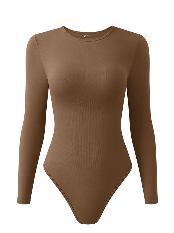 Women's Solid Color Long Sleeve Round Neck Ribbed Shapewear Bodysuit, Casual Comfy Snap Closure Crotch Design Bodysuit for Daily Wear, Ladies Shapewear for All Seasons