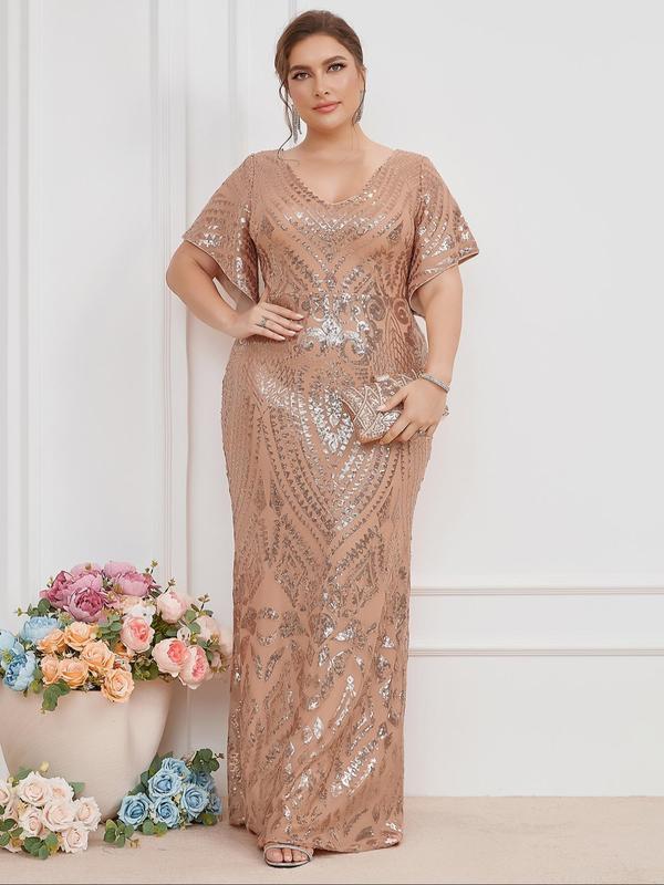 Plus Size Glittering Sequin Random Pattern V Neck Flounce Sleeve Evening Dress, Summer Clothes Women, Elegant Short Sleeve Long Dress for Evening Party Banquet, Women's Clothes for Summer