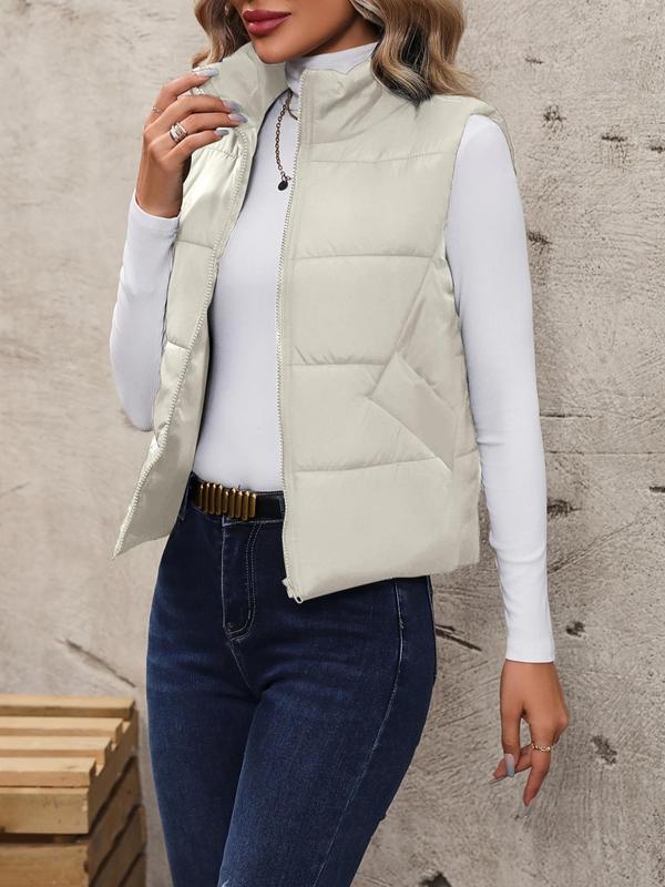 Women's Solid Zip Up Puffer Vest Coat, Casual Pocket Thermal Outerwear for Fall & Winter, Sleeveless Warm Jacket, Going Out Top, Women's Clothing for Daily Wear