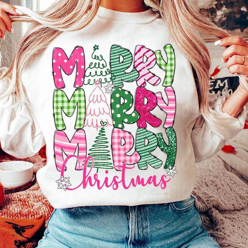 Merry Christmas Sweatshirt, Christmas, Pink Christmas, Christmas Coquette Bow, Graphic Tee, Cotton, Merry and Bright, Crewneck