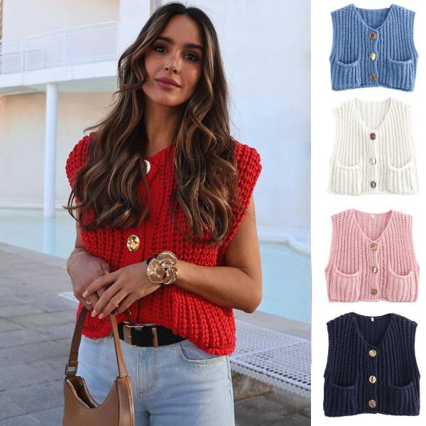 SCUSTY Womens Crochet Chunky Knit Top with Pockets Sleeveless Button Down Crop Tops Trendy Cardigan Sweater Vest for Women