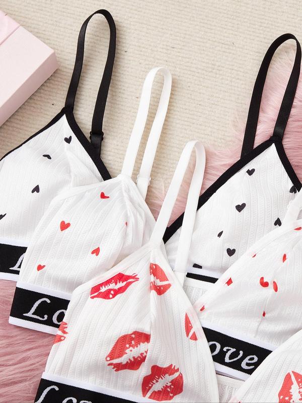 Women's Adjustable Strap Letter Tape Lingerie Set, Heart Lip Print Triangle Bra & Panty Set, Lingerie for Women, Soft Comfortable Underwear Set for Women