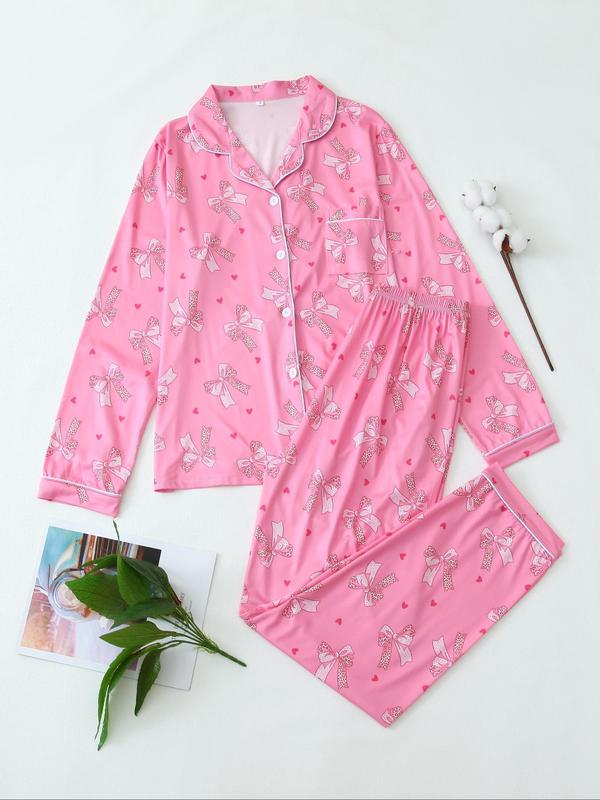 Two-Piece Set Women's Christmas Print Button Front Lapel Shirt & Pants Pyjama, Casual Comfy Long Sleeve Collared Pocket Top & Trousers PJ Set, Women's Sleepwear for Fall