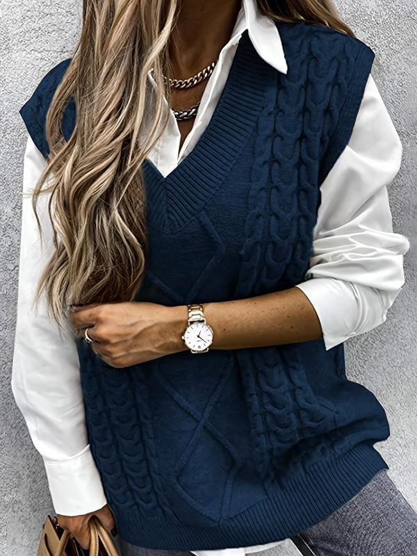 Women's Solid V Neck Cable Knit Vest Sweater, Casual Sleeveless Jumper Vest for Fall & Winter, Fashion Ladies' Knitwear for Daily Wear