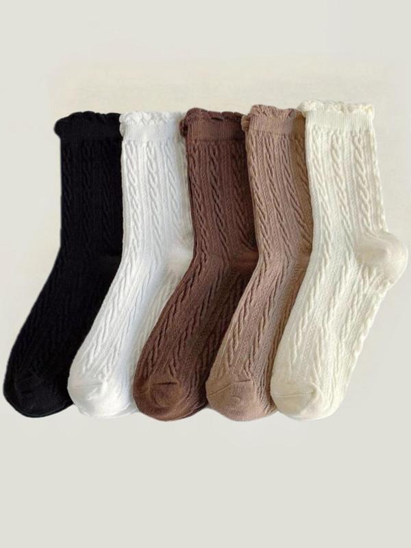 Women's Solid Lettuce Trim Mid-calf Socks, Casual Comfy Breathable Socks for Daily Wear, Women's Socks for All Seasons