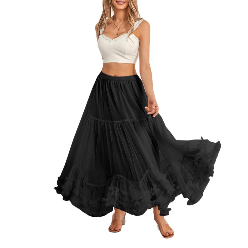 Women Layered Tulle Long Skirt US Ladies Fashion High Waist Solid Color Frill Trim Ruffle Midi Skirt