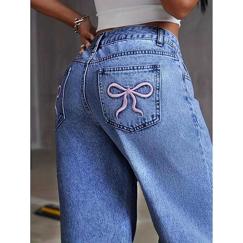 Women's Embroidered Bow Washed Jeans, Women's Wide Leg Casual Jeans, Comfortable Minimalist Bow Embroidered Straight Leg Jeans, High Waisted Vintage Style Washed Blue Jeans, Women's Jeans And Clothing