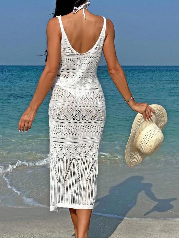 Women's Plain Backless Hollow Out Cover Up Dress, Casual Scoop Neck Long Dress for Summer Beach Holiday, Ladies Clothes