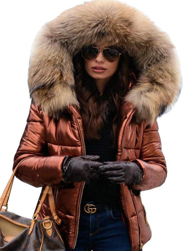 Women's Solid Zip Up Pocket Contrast Faux Fur Hooded Quilted Coat, Casual Long Sleeve Thermal Outerwear for Fall & Winter, Women's Clothing for Daily Wear