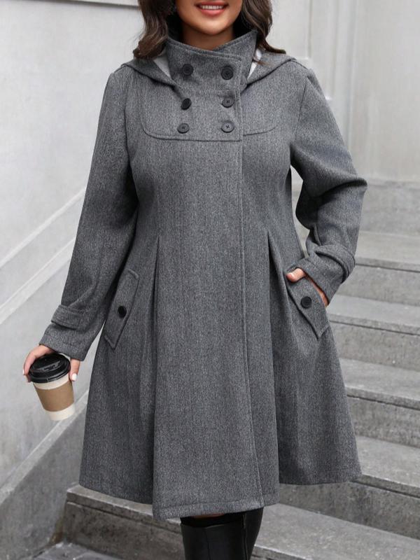  Solid Button Pocket Woolen Coat, Casual Long Sleeve Hooded Outerwear for Fall & Winter, Winter Clothes Women, Women's Clothes for Daily Wear