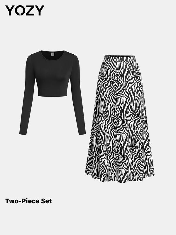 YOZY Christmas Deals, [size 8-18] Crop Top & Leopard Print Skirt Set, Casual Round Neck Long Sleeve Top & High Waist Skirt, 2024 Women's Daily Wear for Spring & Fall, Christmas 2024 Trend, Fall & Winter Outfits