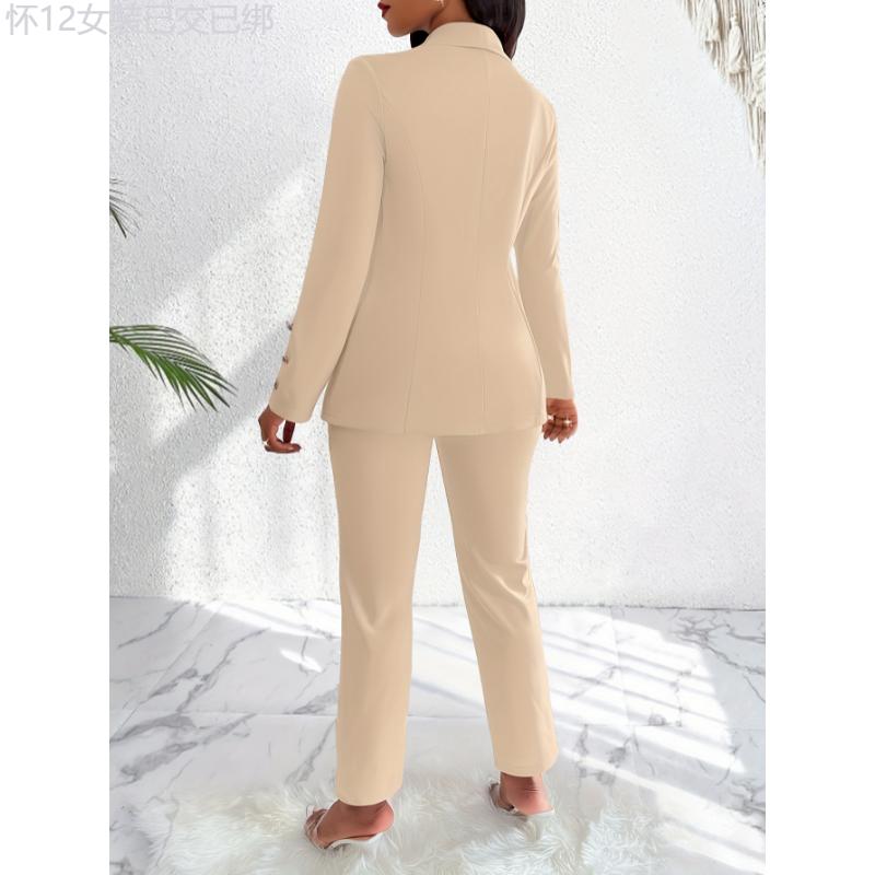 Elegant Solid Color Pants Set, Double Breasted Shawl Collar Slim Blazer & High Waist Straight Leg Pants For Office & Work, Women's Clothing Fabric Fit