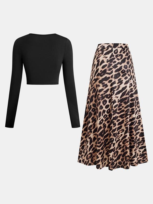 YOZY Christmas Deals, [size 8-18] Crop Top & Leopard Print Skirt Set, Casual Round Neck Long Sleeve Top & High Waist Skirt, 2024 Women's Daily Wear for Spring & Fall, Christmas 2024 Trend, Fall & Winter Outfits